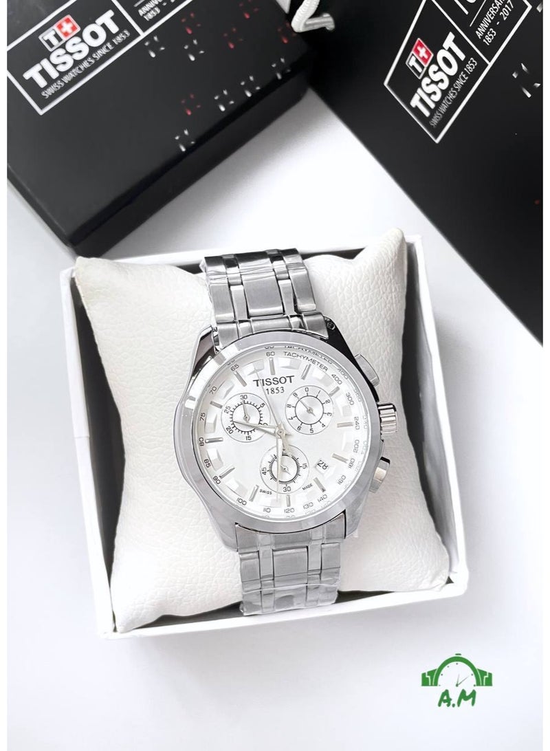 تيسو ساعة تيسوت ستايل كرونوغراف للرجال من الفولاذ المقاوم للصدأ | ميناء أبيض، إطار مقياس سرعة الدوران، مظهر رياضي