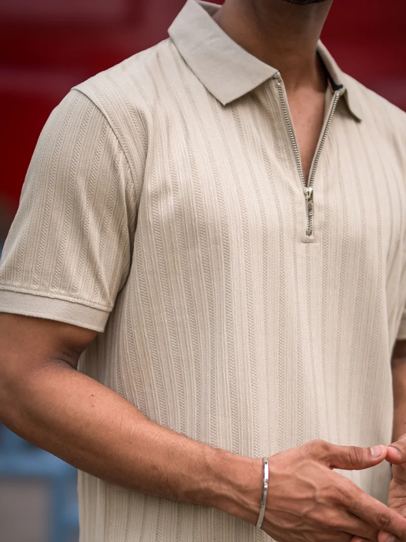 Maniac Maniac Men Solid Textured Polo Neck Half Sleeve Biscuit Cotton T-Shirt