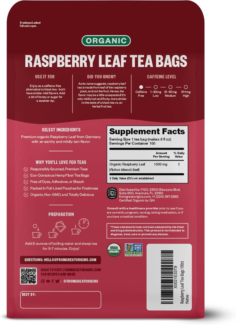 FGO Organic Raspberry Leaf Tea Bags - 100 Count - Image 2