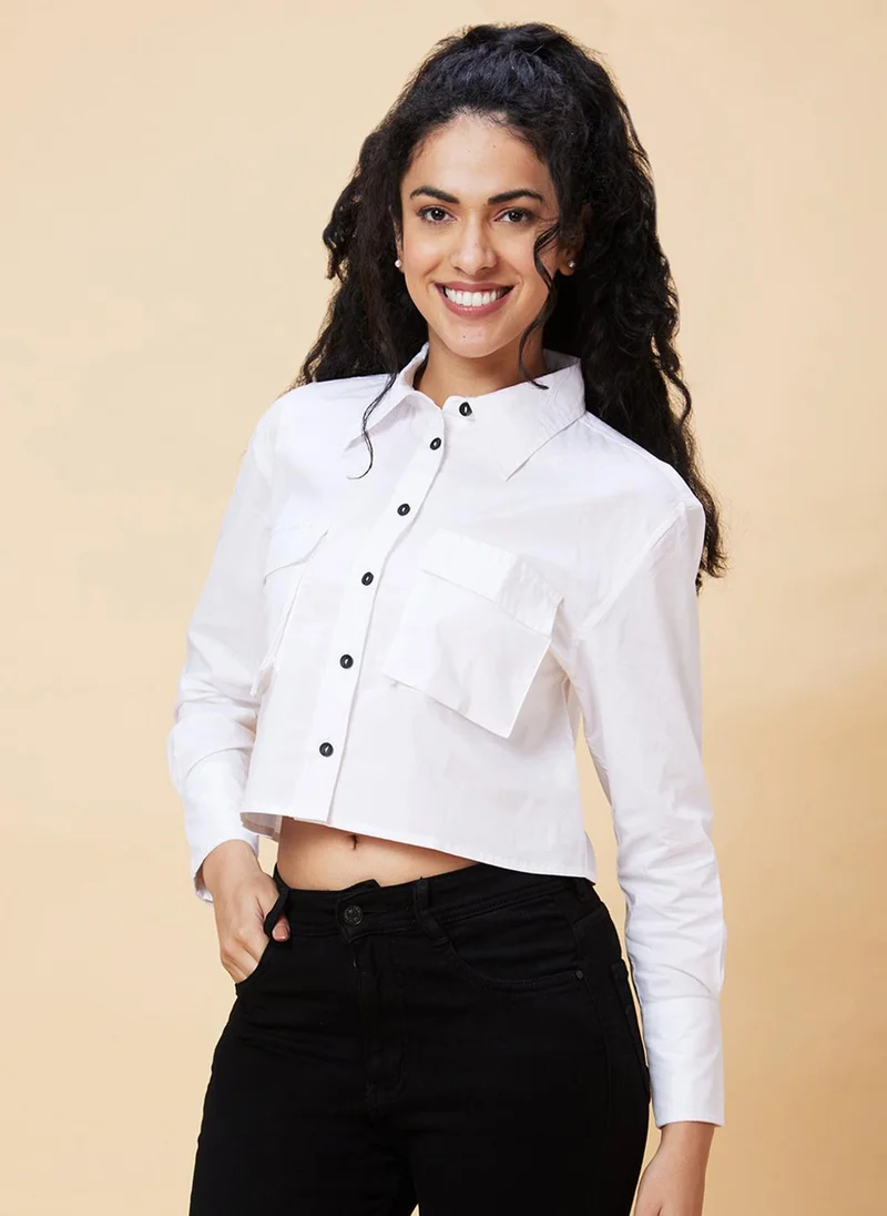 globus Globus Women White Cotton Shirt Style Crop Top