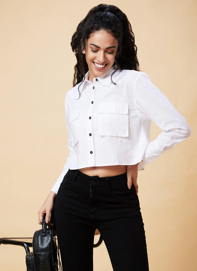 globus Globus Women White Cotton Shirt Style Crop Top