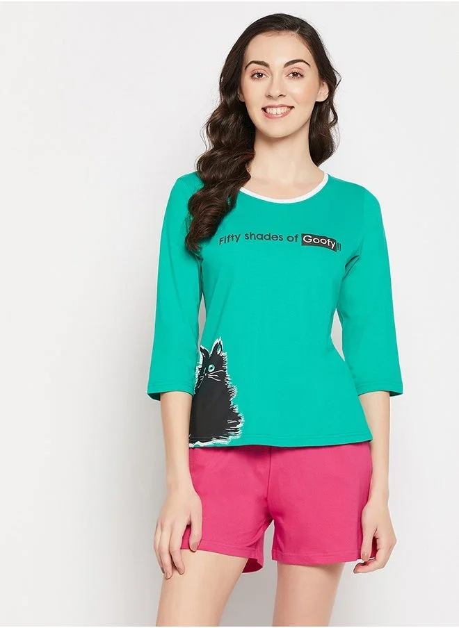Clovia Clovia Graphic & Text Print Top in Seafoam Green & Chic Basic Shorts in Hot Pink - 100% Cotton