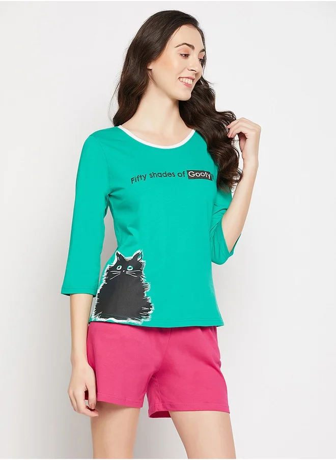 Clovia Clovia Graphic & Text Print Top in Seafoam Green & Chic Basic Shorts in Hot Pink - 100% Cotton