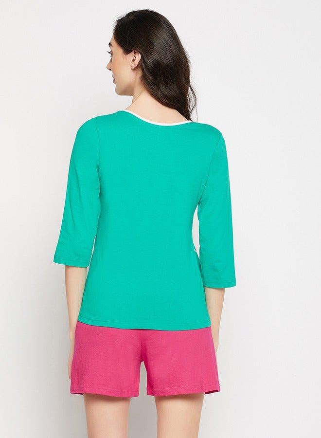 Clovia Graphic & Text Print Top in Seafoam Green & Chic Basic Shorts in Hot Pink - 100% Cotton