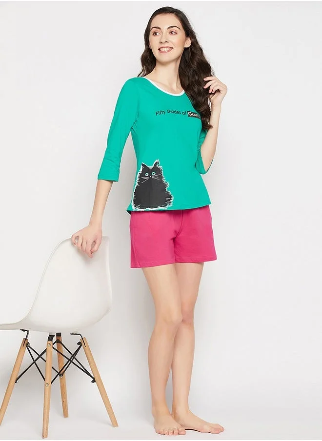 كلوفيا Clovia Graphic & Text Print Top in Seafoam Green & Chic Basic Shorts in Hot Pink - 100% Cotton