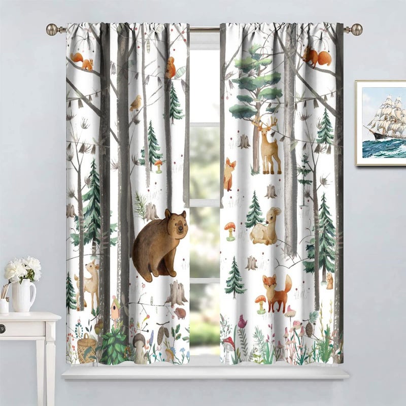 YCness Kid Forest Woodland Animal Fox Elk Bear Watercolor Print Curtains for Nursery Bedroom Living Room, Rustic Wild Animal Window Drapes 2 Panel Set, 42x45 Inch - Image 4