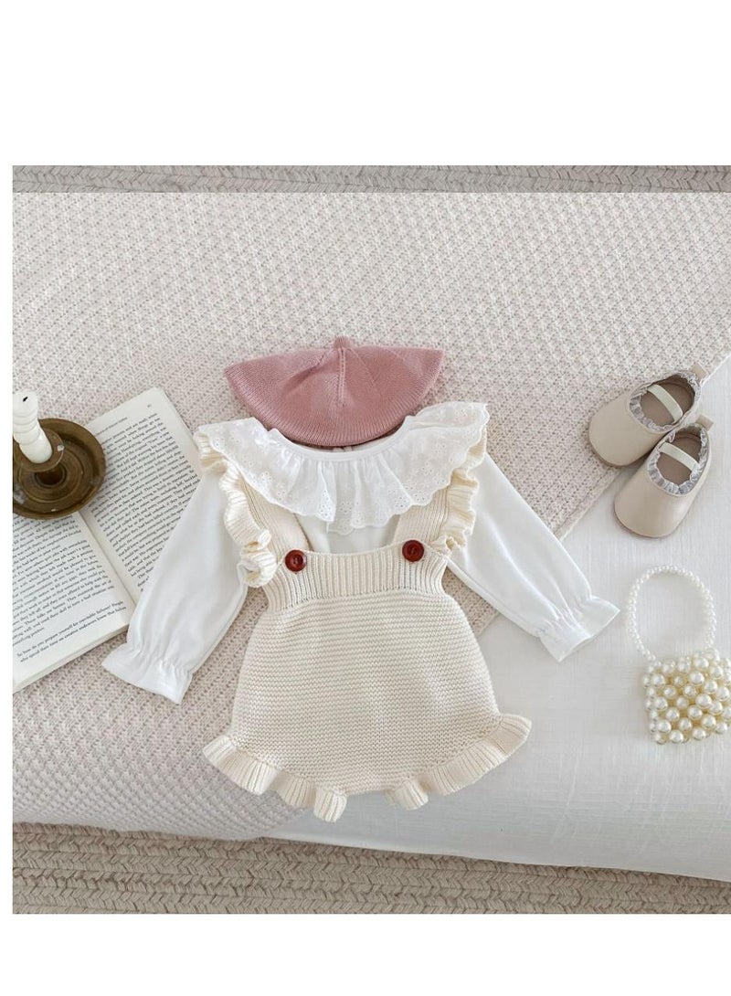 Baby And Toddler Style Sweet Ruffled Overalls+Lace Top+Hat Set - Image 1