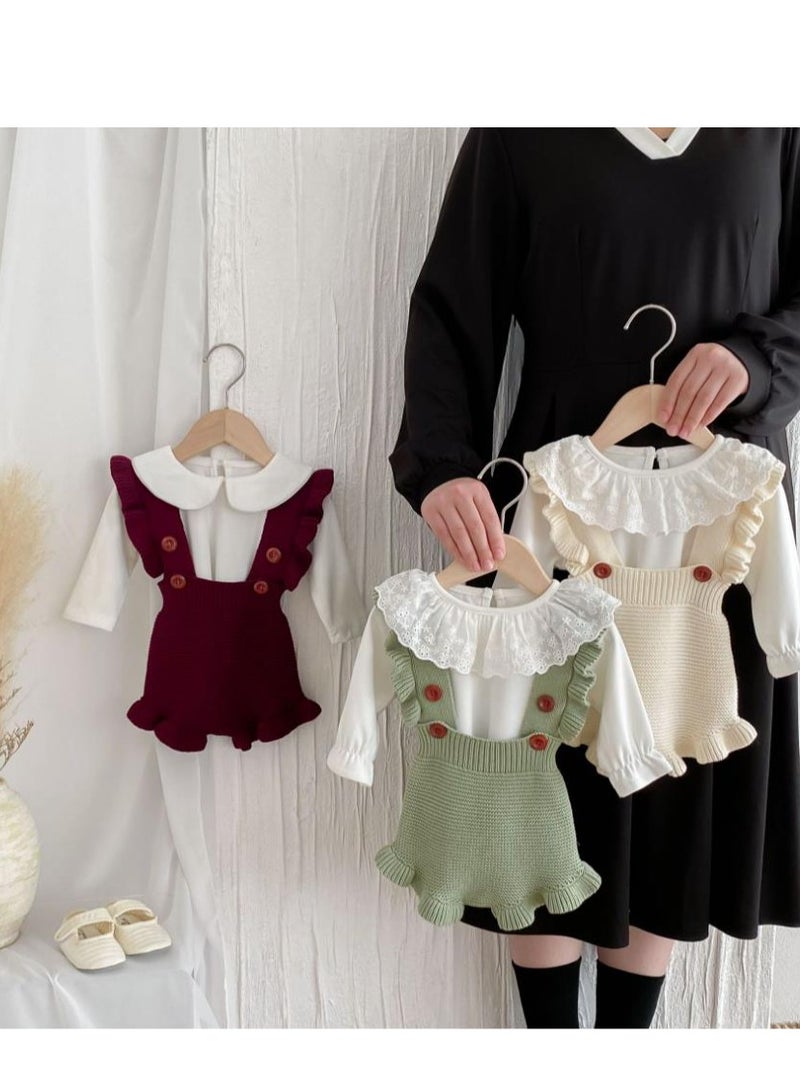 Baby And Toddler Style Sweet Ruffled Overalls+Lace Top+Hat Set - Image 3