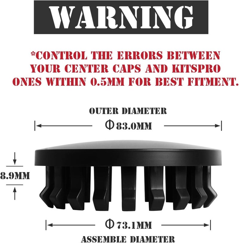KitsPro 3.25Inch 83MM Wheel Center Caps, Pack of 4 (Matte Black, Outer 83MM, Inner 73MM) - Image 2