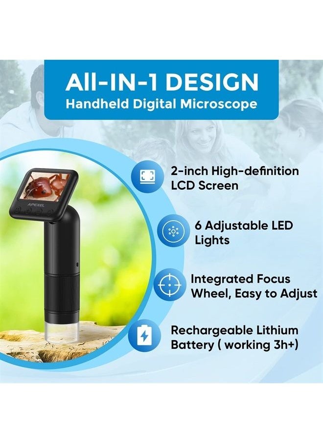 APEXEL Handheld Digital Microscope with 2” LCD Screen, 800X Pocket Portable Microscope for Kids with Adjustable Lights Coins Electronic Magnifier Camera, USB to PC Including SD Card  - Image 2
