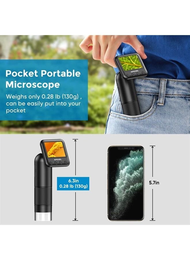 APEXEL Handheld Digital Microscope with 2” LCD Screen, 800X Pocket Portable Microscope for Kids with Adjustable Lights Coins Electronic Magnifier Camera, USB to PC Including SD Card  - Image 4