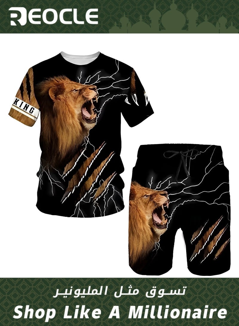 REOCLE Men's 2 Piece Outfits Shorts Tracksuit Real 3D Printed Casual Short Sleeve Crew Neck Suit Vacation Shirt and Shorts Sets - Image 1