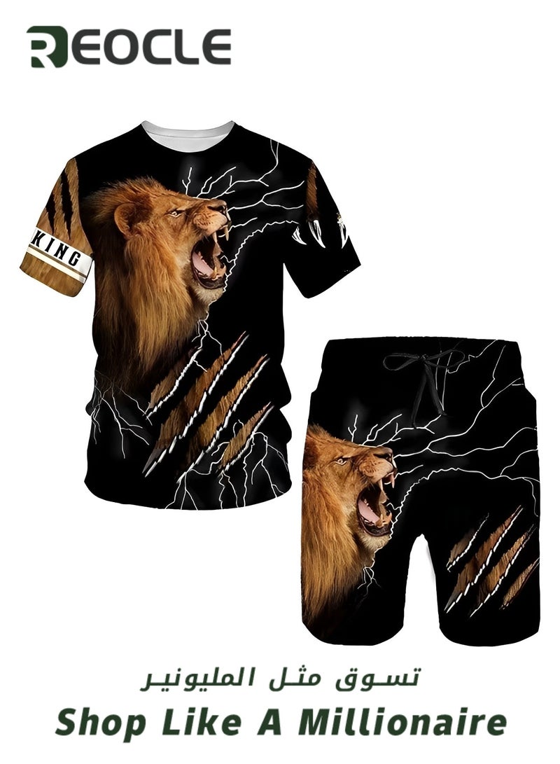 REOCLE Men's 2 Piece Outfits Shorts Tracksuit Real 3D Printed Casual Short Sleeve Crew Neck Suit Vacation Shirt and Shorts Sets - Image 2