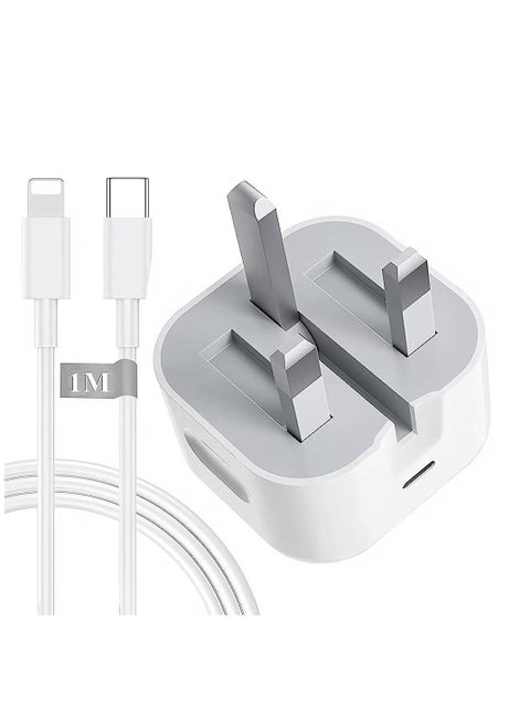 20-W Apple Charger Uk Plug Type C Adapter With 1m Iphone Fast Charging Cable Universal Travel Adapter Usb-c Plug Compatible For All Iphone Device 14/13/12/11 Pro And Pro Max / 8 Plus/X