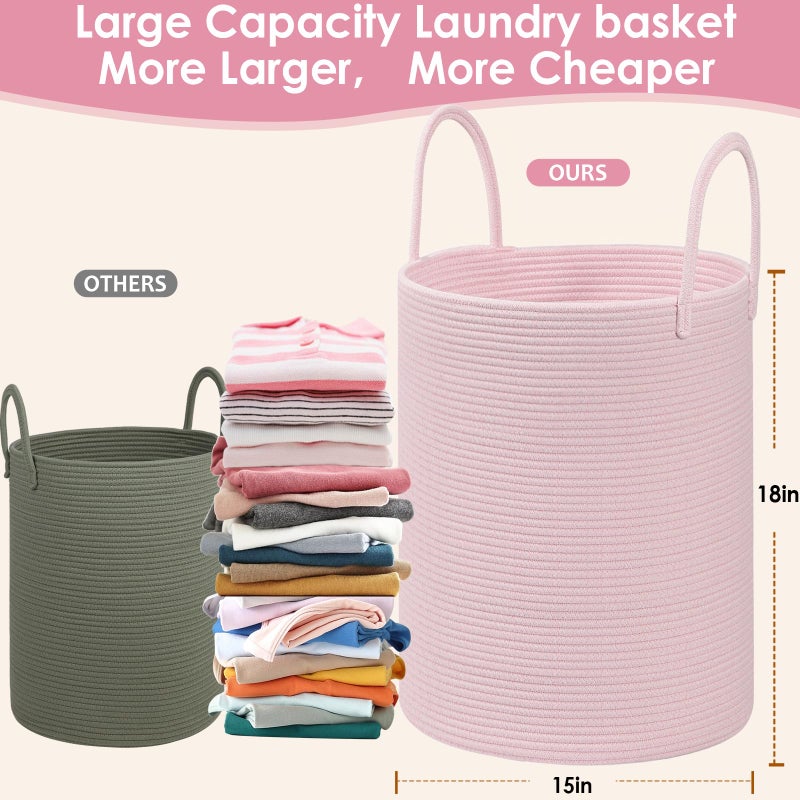 HOBASKET Large Woven Laundry Basket Hamper,100L Cotton Rope Storage Bin for Blankets,Toys and Clothes,Decorative Tall Nursery Hamper for Living Room,Baby Nursery,Bathroom and Bedroom,(Pink, XX Large) - Image 2