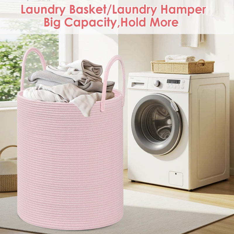 HOBASKET Large Woven Laundry Basket Hamper,100L Cotton Rope Storage Bin for Blankets,Toys and Clothes,Decorative Tall Nursery Hamper for Living Room,Baby Nursery,Bathroom and Bedroom,(Pink, XX Large) - Image 5