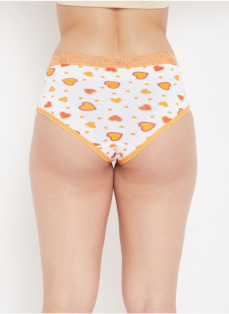 Clovia - Clovia Mid Waist Heart Print Hipster Panty in White with Lace Waist - Cotton - Image 1