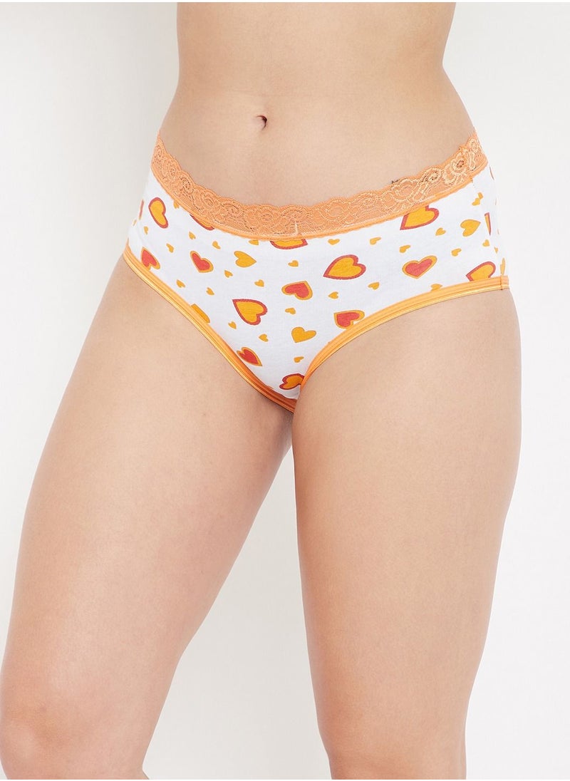 Clovia - Clovia Mid Waist Heart Print Hipster Panty in White with Lace Waist - Cotton - Image 1