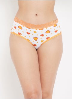 Clovia Mid Waist Heart Print Hipster Panty in White with Lace Waist - Cotton