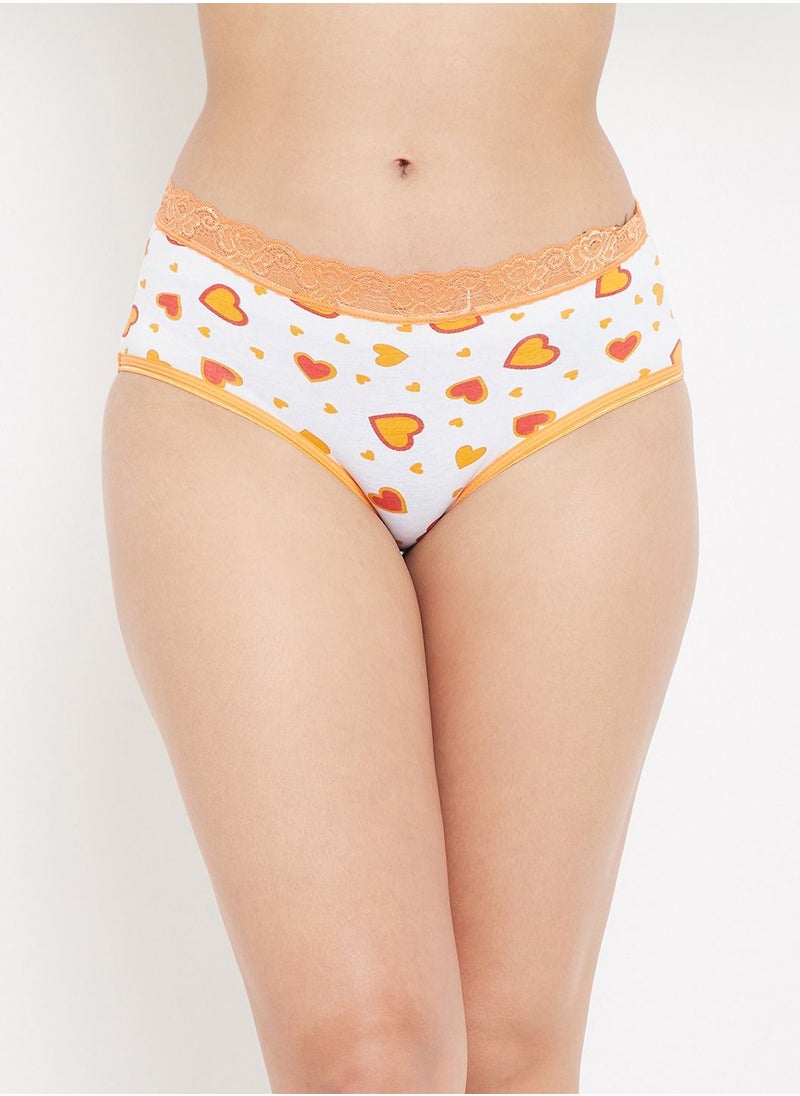 Clovia - Clovia Mid Waist Heart Print Hipster Panty in White with Lace Waist - Cotton - Image 1