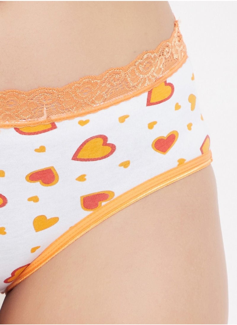 Clovia - Clovia Mid Waist Heart Print Hipster Panty in White with Lace Waist - Cotton - Image 1