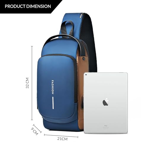 LATIQ MART Crossbody Sling Bag For Men Women, Anti-Theft Fashion Chest Bag with USB Charging Port, Messenger Bags, Waterproof Casual Shoulder Bag (Blue & Golden) - Image 3