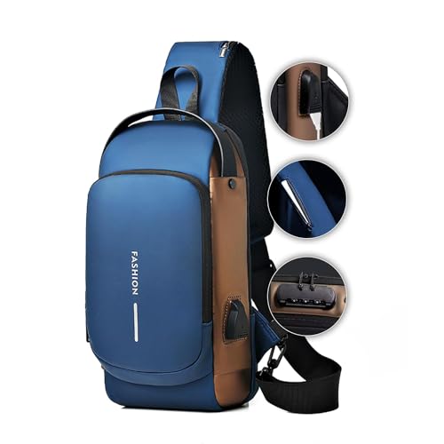 LATIQ MART Crossbody Sling Bag For Men Women, Anti-Theft Fashion Chest Bag with USB Charging Port, Messenger Bags, Waterproof Casual Shoulder Bag (Blue & Golden) - Image 1