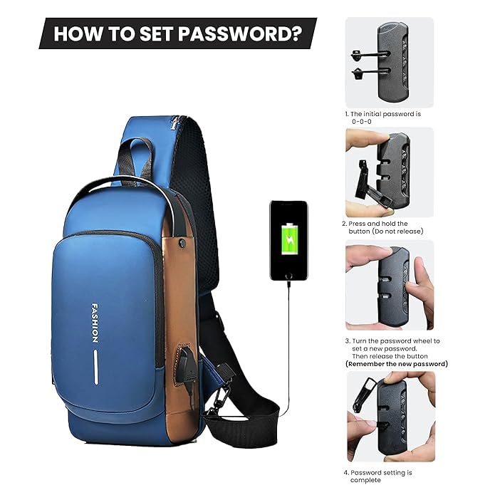LATIQ MART Crossbody Sling Bag For Men Women, Anti-Theft Fashion Chest Bag with USB Charging Port, Messenger Bags, Waterproof Casual Shoulder Bag (Blue & Golden) - Image 5