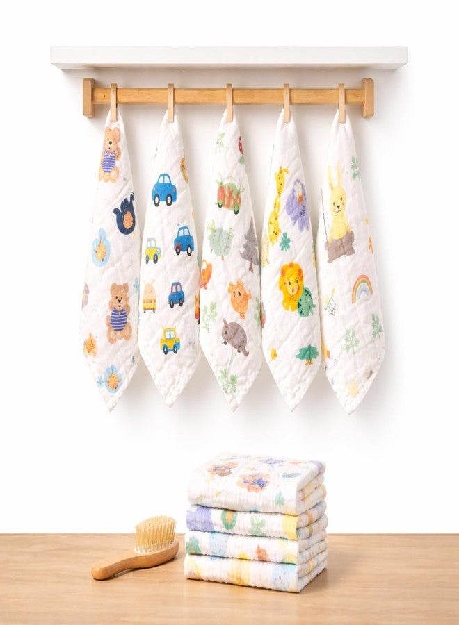 KIDDOLANE 6 Layer Muslin Cotton Face Towels for Newborn Baby Extra Soft Hankies Reusable Napkins for Infants Toddlers/Kids (Pack of 5) White Printed. - Image 1