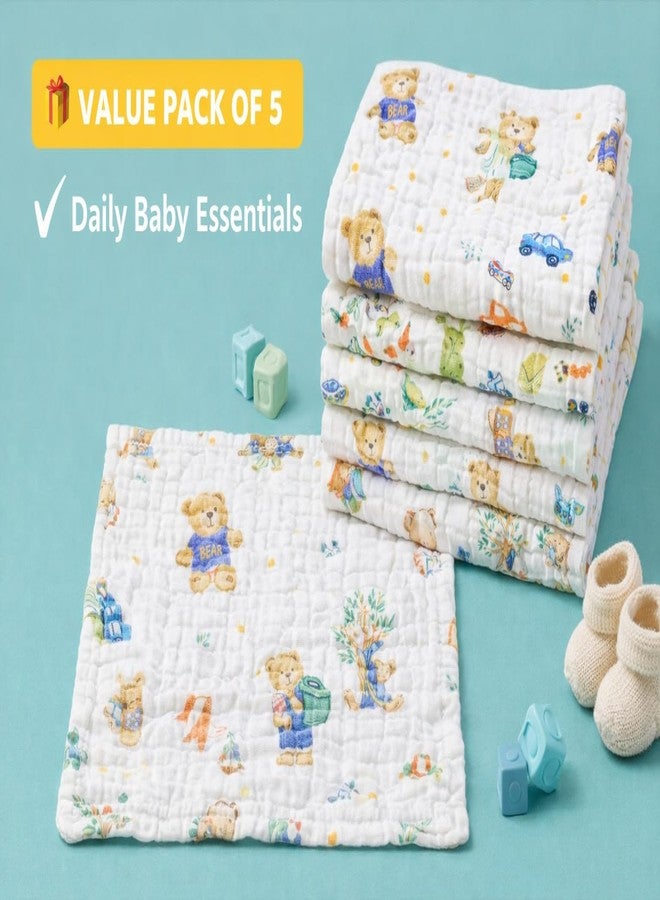 KIDDOLANE 6 Layer Muslin Cotton Face Towels for Newborn Baby Extra Soft Hankies Reusable Napkins for Infants Toddlers/Kids (Pack of 5) White Printed. - Image 3