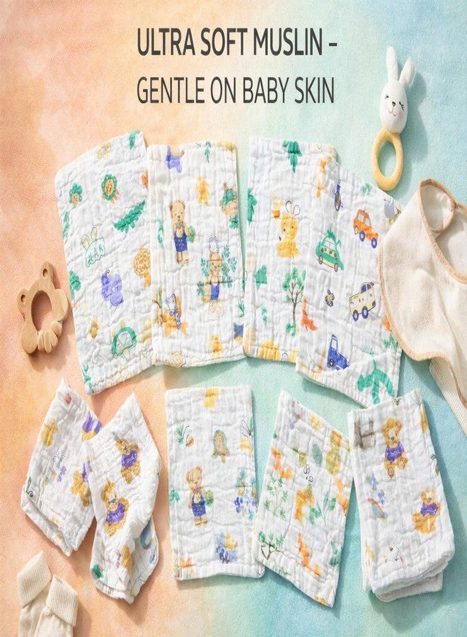 KIDDOLANE 6 Layer Muslin Cotton Face Towels for Newborn Baby Extra Soft Hankies Reusable Napkins for Infants Toddlers/Kids (Pack of 5) White Printed. - Image 2