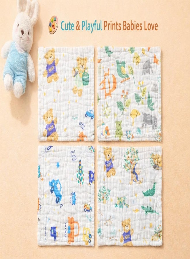 KIDDOLANE 6 Layer Muslin Cotton Face Towels for Newborn Baby Extra Soft Hankies Reusable Napkins for Infants Toddlers/Kids (Pack of 5) White Printed. - Image 4