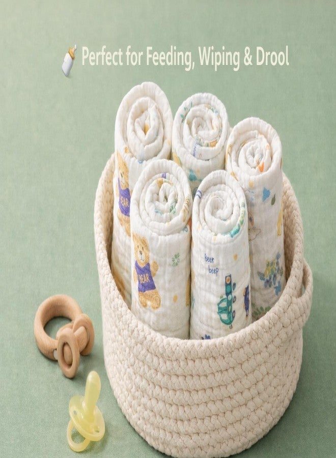 KIDDOLANE 6 Layer Muslin Cotton Face Towels for Newborn Baby Extra Soft Hankies Reusable Napkins for Infants Toddlers/Kids (Pack of 5) White Printed. - Image 5