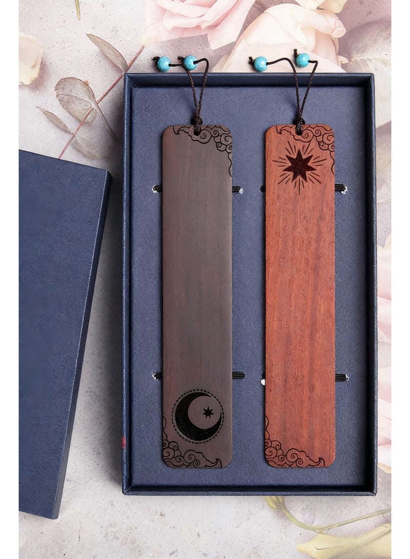 Wooden Bookmark with Exquisite Gift Box, Star and Moon Hollow Out Design, Natural Wood Reading Bookmark with Tassel, Creative Festival Birthday Gift for Book Lovers - Image 1
