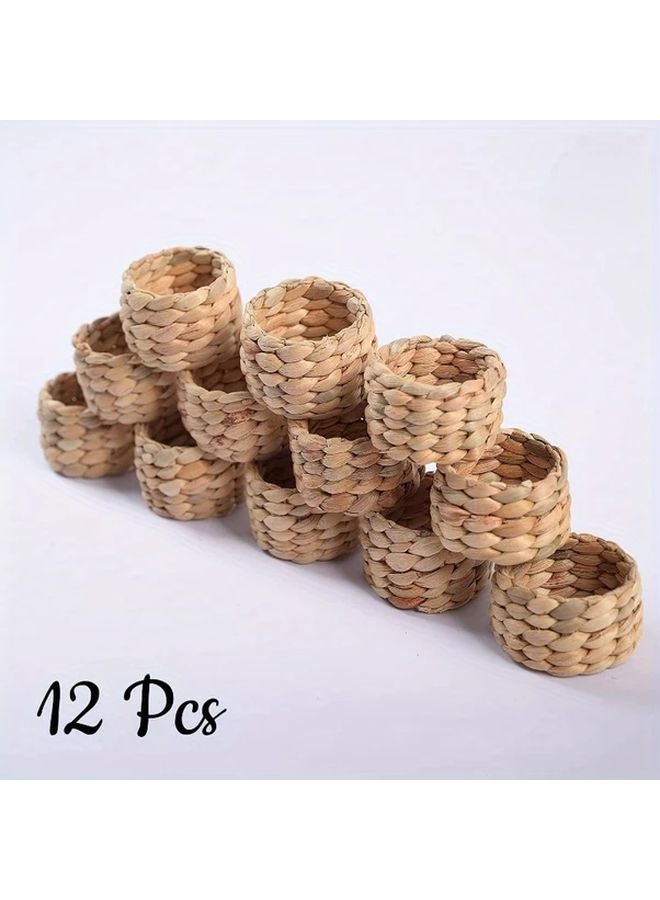 Hyacinth Woven Napkin Rings Set of 12 Bohemian Style Fabric Holders for Table Decor - Image 1