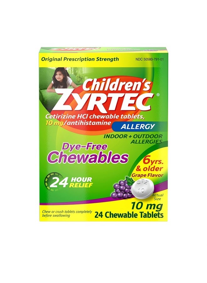 ZYRTEC أقراص مضغ خالية من الصبغات للأطفال لمدة 24 ساعة، 10 ملغ سيتيريزين هيدروكلوريد مضاد الهيستامين، دواء حساسية للأطفال يخفف من العطس، الأنف والحلق الحاكين، عنب، 24 حبة - Image 1