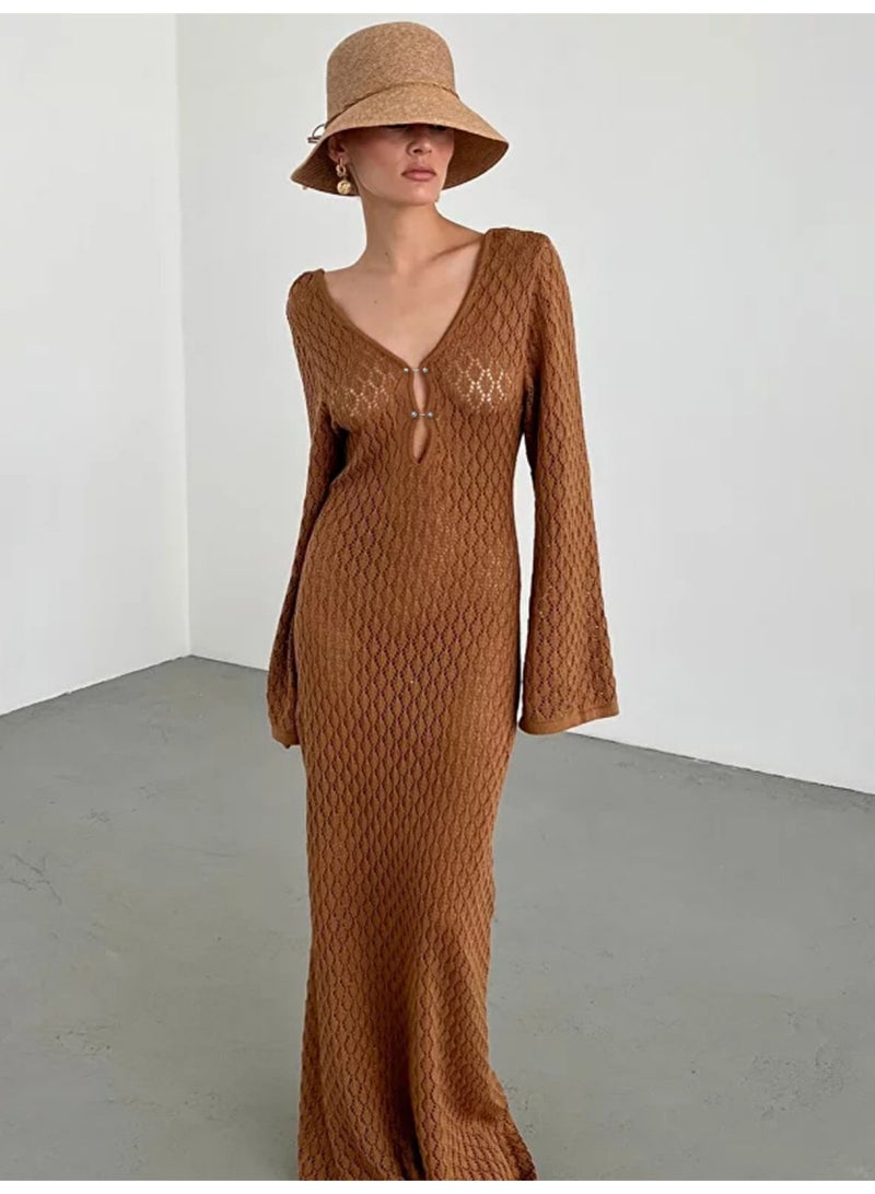 SCACTO Solid Color Knitted Hollow Beach Dress 