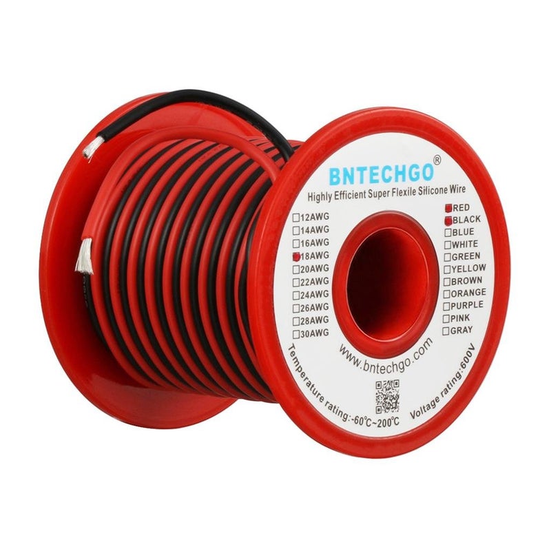 سلك سيليكون BNTECHGO 18 قياس لفة أحمر 50 قدم وأسود 50 قدم 2 سلك منفصل مرن 18 AWG نحاس معزول مطلي