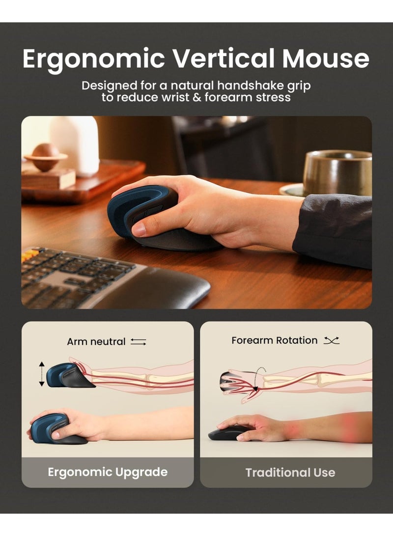 ProtoArc Ergonomic Mouse, EM11 NL Wireless Vertical Mouse, Ergo Multi-Device Mouse, USB-C Rechargeable Mouse for Windows, Mac OS, PC/Notebook/Laptop, Blue - Image 4