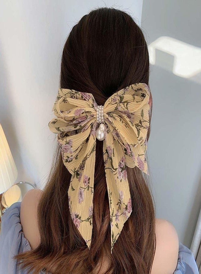 VORSET 2pcs Floral Korean Women Pearl Chiffon Hair Clip Large Bow Strong Hold Bowknot Spring Clip Hair Accessories for Girls - Image 4