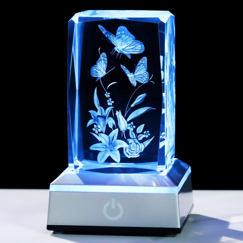 YWHL 3D Crystal Butterfly Gifts for Women Laser Engraved Butterfly and Lily Flower Figurines with Light Base for Butterfly Lovers Nature Lovers Gifts for Birthday Christmas