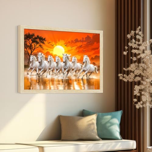 ArtX Canvas Big Size 7 Horses Vastu Frame Wall Art Painting, White Running Horses On Water Painting Vastu Rising Sun Wall Decor, Multicolor, Nature, 61.0 X 48.0 cm, Set of 1 - Image 2