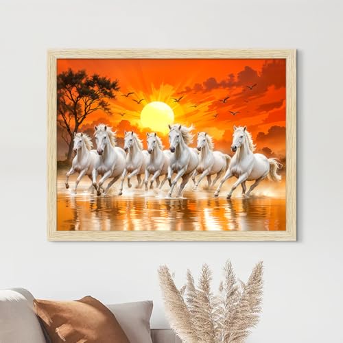 ArtX Canvas Big Size 7 Horses Vastu Frame Wall Art Painting, White Running Horses On Water Painting Vastu Rising Sun Wall Decor, Multicolor, Nature, 61.0 X 48.0 cm, Set of 1 - Image 5