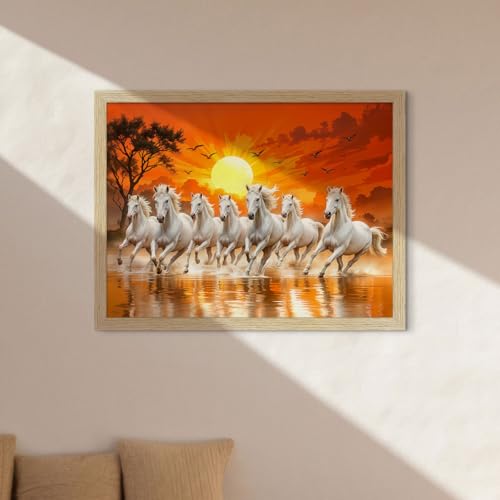 ArtX Canvas Big Size 7 Horses Vastu Frame Wall Art Painting, White Running Horses On Water Painting Vastu Rising Sun Wall Decor, Multicolor, Nature, 61.0 X 48.0 cm, Set of 1 - Image 4