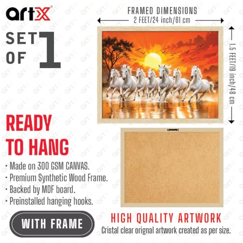 ArtX Canvas Big Size 7 Horses Vastu Frame Wall Art Painting, White Running Horses On Water Painting Vastu Rising Sun Wall Decor, Multicolor, Nature, 61.0 X 48.0 cm, Set of 1 - Image 3