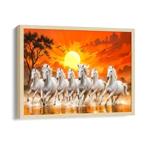 ArtX Canvas Big Size 7 Horses Vastu Frame Wall Art Painting, White Running Horses On Water Painting Vastu Rising Sun Wall Decor, Multicolor, Nature, 61.0 X 48.0 cm, Set of 1 - Image 1
