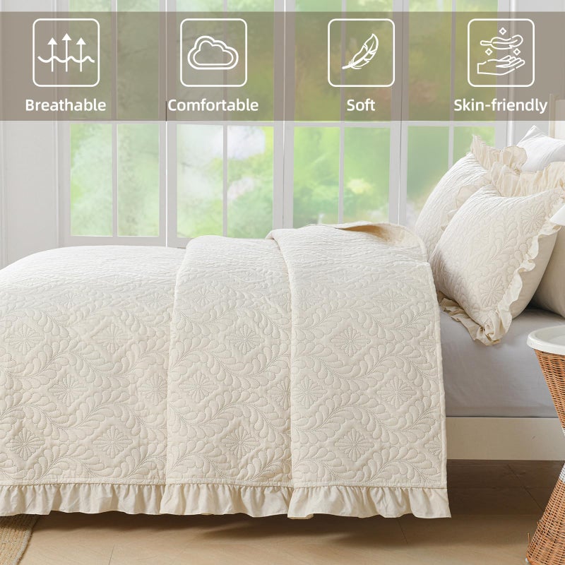 DJY Queen Quilt Bedding Set Size, Beige Ruffled Lightweight Soft Bedspreads Queen Size Coverlet, Basket Weave Quilted Blanket Thin Quilt Bed Cover for All Season - 3 Piece (1Quilt, 2 Pillow Shams) - Image 4