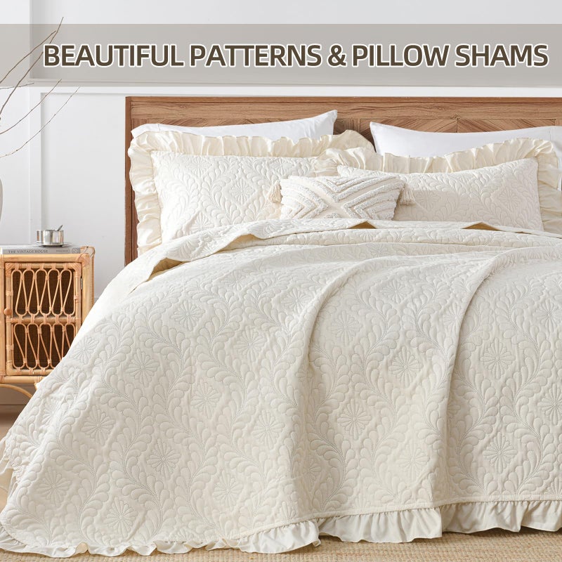 DJY Queen Quilt Bedding Set Size, Beige Ruffled Lightweight Soft Bedspreads Queen Size Coverlet, Basket Weave Quilted Blanket Thin Quilt Bed Cover for All Season - 3 Piece (1Quilt, 2 Pillow Shams) - Image 3
