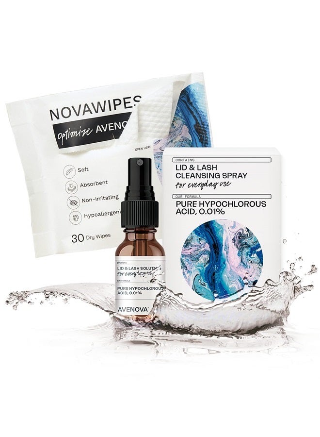 Avenova Eyelid and Eyelash Cleanser Spray with 30 Dry Wipes - Gentle Everyday Hypochlorous Acid Lid and Lash Cleansing Spray for Clearer and Healthier Eyes, 20mL - Image 1