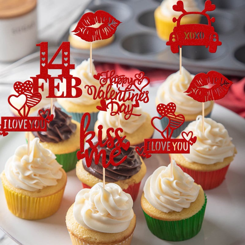Rsstarxi 30 Pack Happy Valentine's Day Cupcake Toppers Glitter 14 Feb Kiss Me Love Heart Lips Cupcake Picks for Valentine's Day Theme Wedding Party Cake Decorations Supplies Red - Image 3